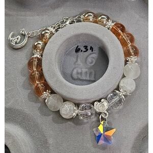 Tan White Wire Bracelet with bunny on Moon Dangle #469